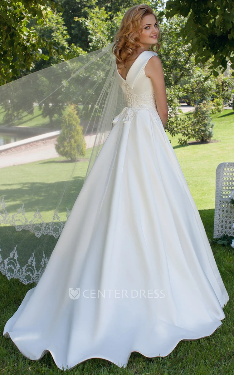 A-Line High Neck Sleeveless Satin Wedding Dress With Lace And Lace Up