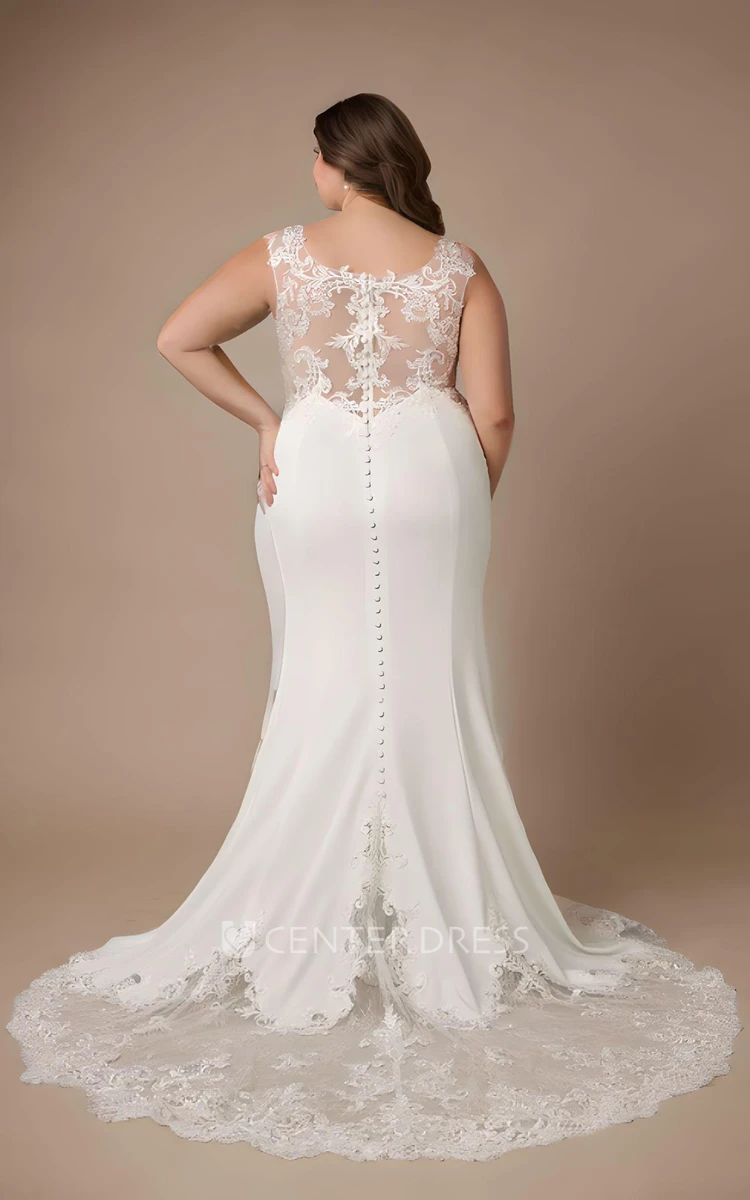 Mermaid Plus Size Satin Lace Sleeveless Wedding Dress Modest Elegant Bateau  Neck - UCenter Dress