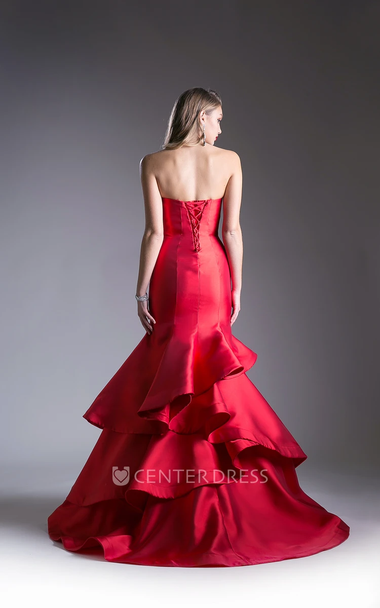 Trumpet Sweetheart Sleeveless Satin Corset Back Dress With Tiers And Ruffles