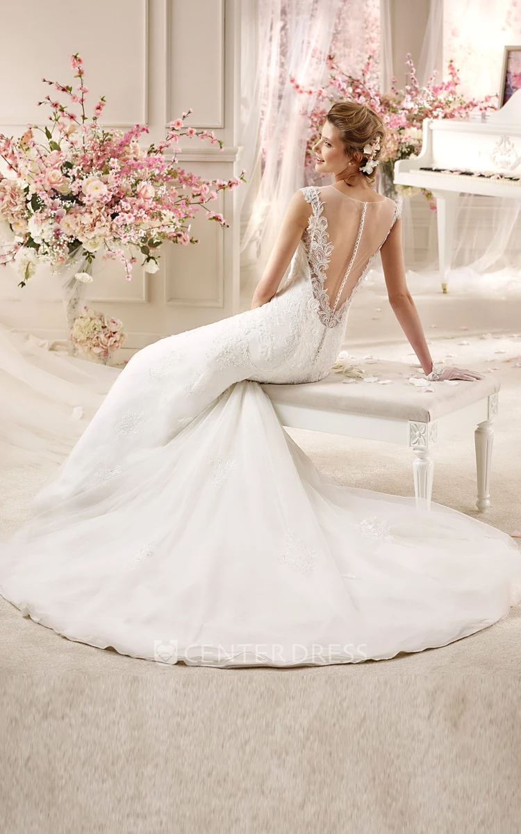 Jewel-Neck Cap-Sleeve Wedding Dress With Mermaid Style And Illusive Back
