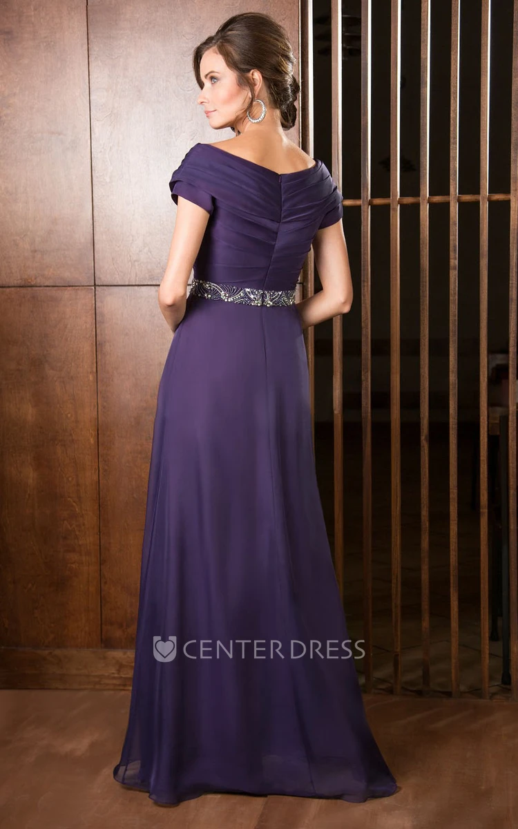 V-Neck A-Line Long Mother Of The Bride Dress With Ruches And Sequins