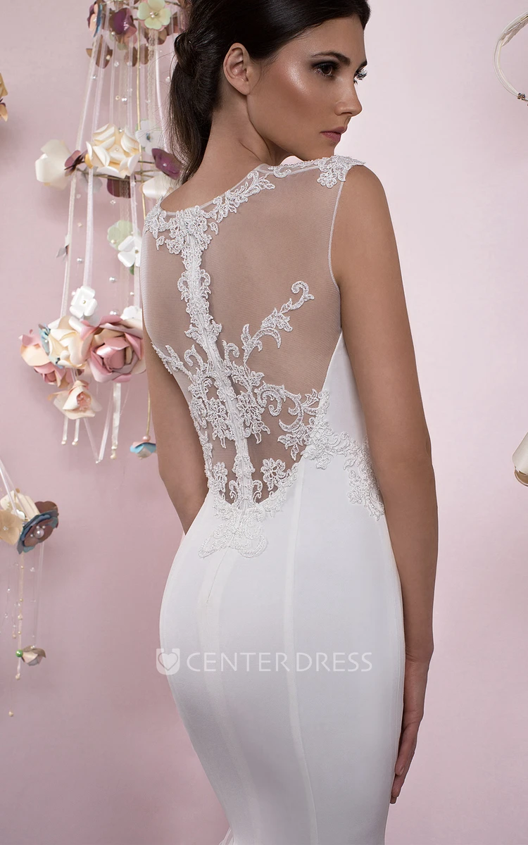 Trumpet Sleeveless Long Jewel Appliqued Tulle Wedding Dress With Illusion Back And Ruffles