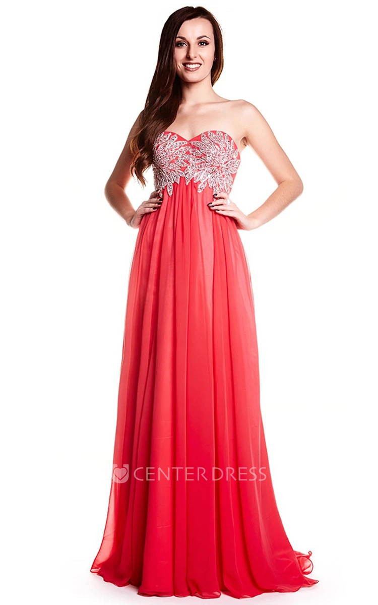 A-Line Crystal Sweetheart Floor-Length Sleeveless Chiffon Prom Dress With Lace-Up Back And Pleats