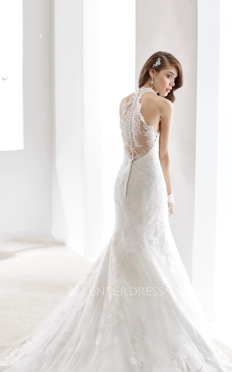 High-neck Brush-train Mermaid Lace Wedding Gown with Illusive Neckline And Back 