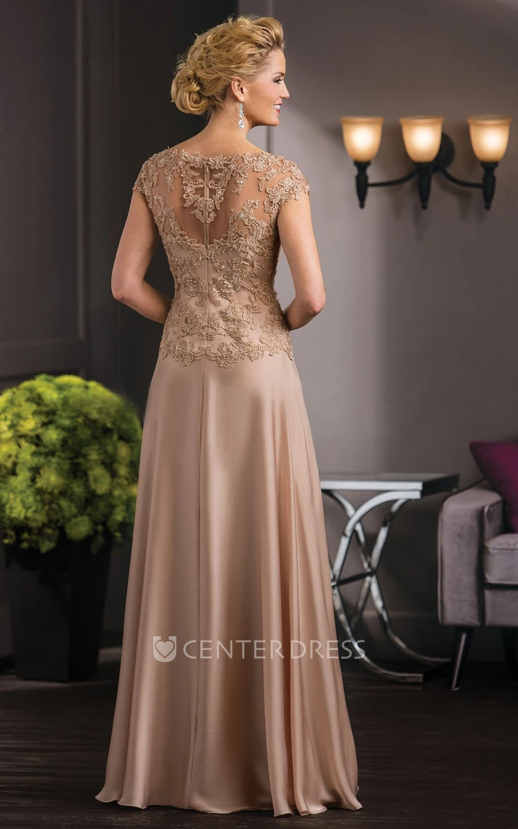 Cap-Sleeved V-Neck A-Line Mother Of The Bride Dress With Appliques And Illusion Back