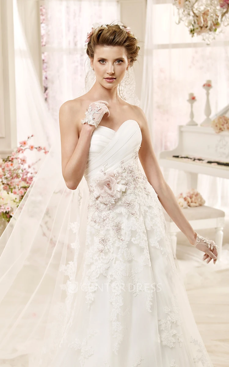 Sweetheart Flower A-line Wedding Dress with Beaded Appliques and Pleated Bodice