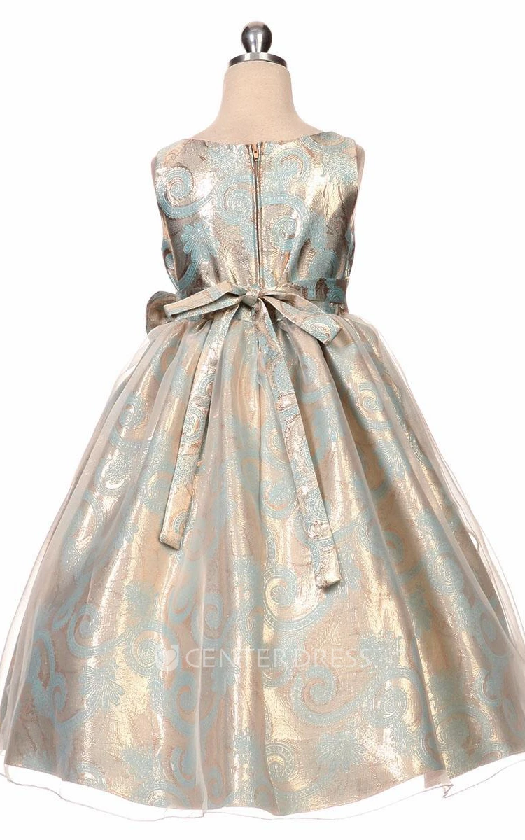 Tea-Length Bowed Tiered Sequins&Organza Flower Girl Dress With Sash