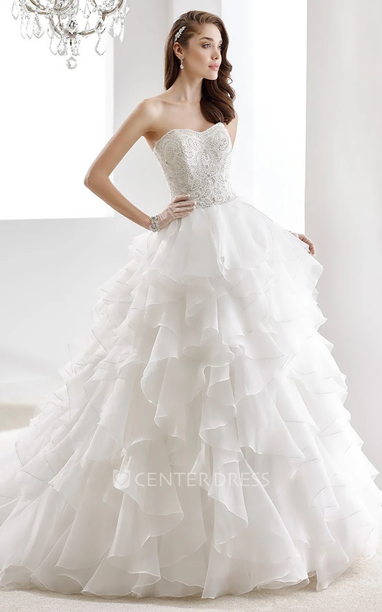 Strapless A-line Ruching Wedding Gown with Beaded Bodice and Cascading Ruffles