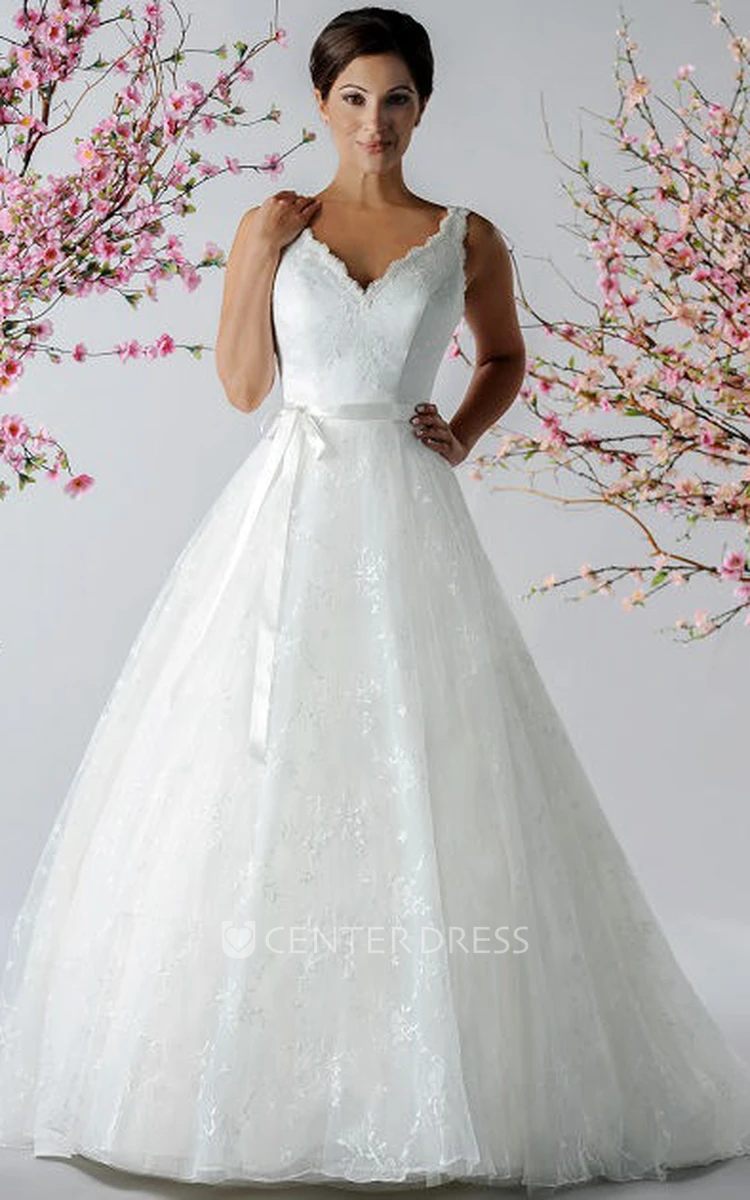 Scalloped V Neck A-Line Embroidered Tulle Bridal Gown With Sash