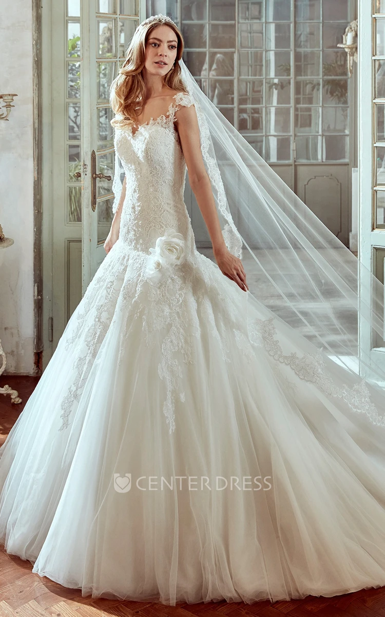 Strap-Neck Lace Wedding Dress with Drop Waist and Floral Straps