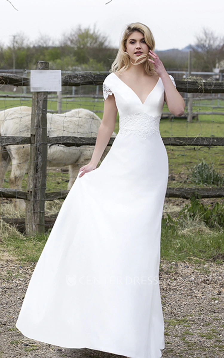 Plunging V-neck Satin Bridal Gown With Appliques And Floral Cap Sleeves