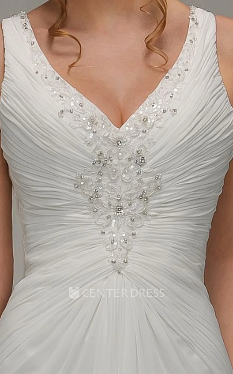 Sheath Beaded Floor-Length V-Neck Sleeveless Chiffon Wedding Dress With Ruching And Keyhole