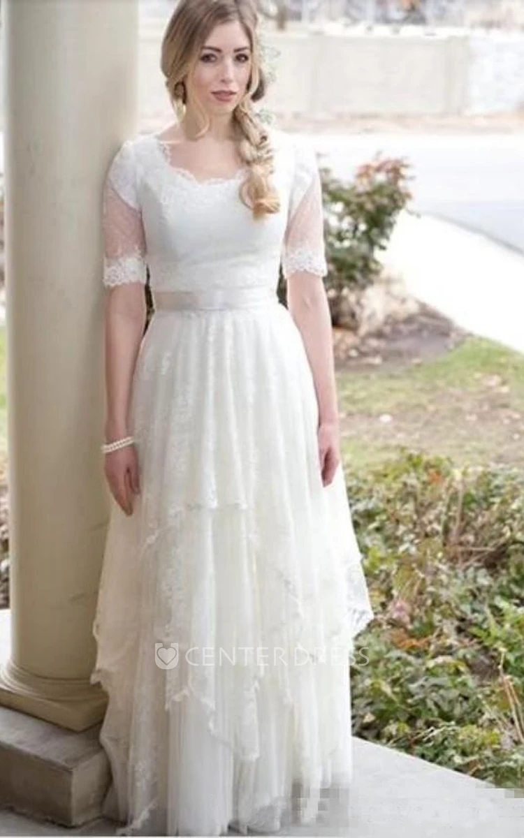 A Line Scalloped Lace Tulle Lace-up Corset Back Wedding Gown