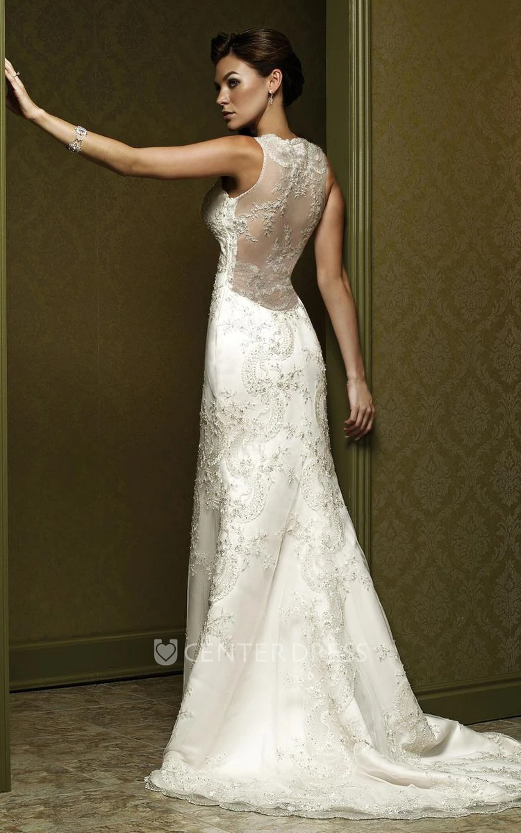 Sheath Appliqued Sleeveless Floor-Length V-Neck Lace Wedding Dress With Bow And Pleats