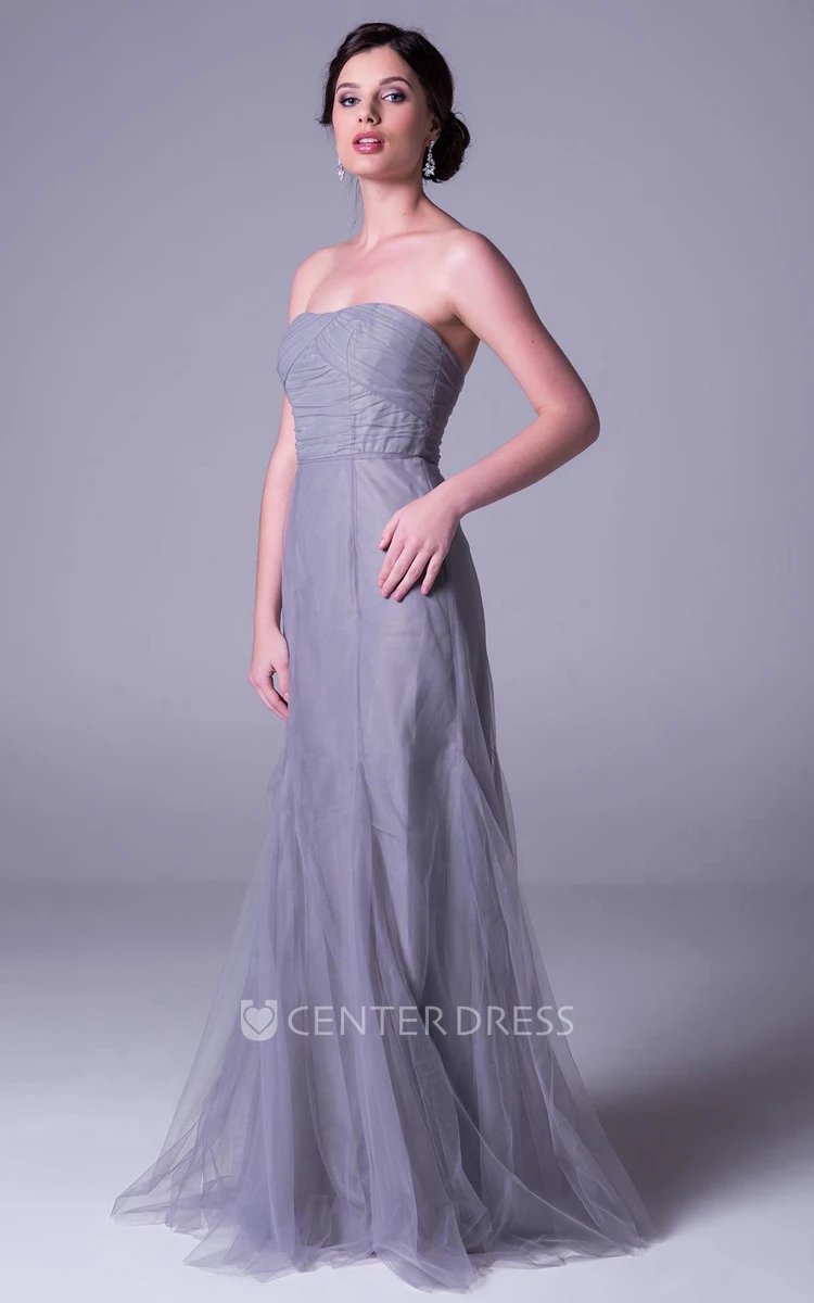 Sheath Strapless Sleeveless Ruched Long Tulle Bridesmaid Dress