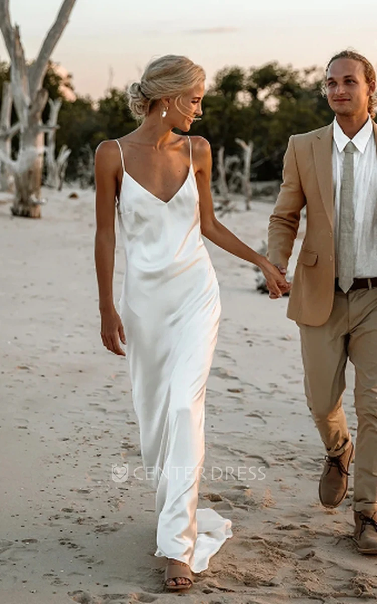 Sexy V-neck Sheath Spaghetti Straps Sleeveless Simple Casual Satin Solid Color Beach Floor-length Backless Wedding Bridal Dress