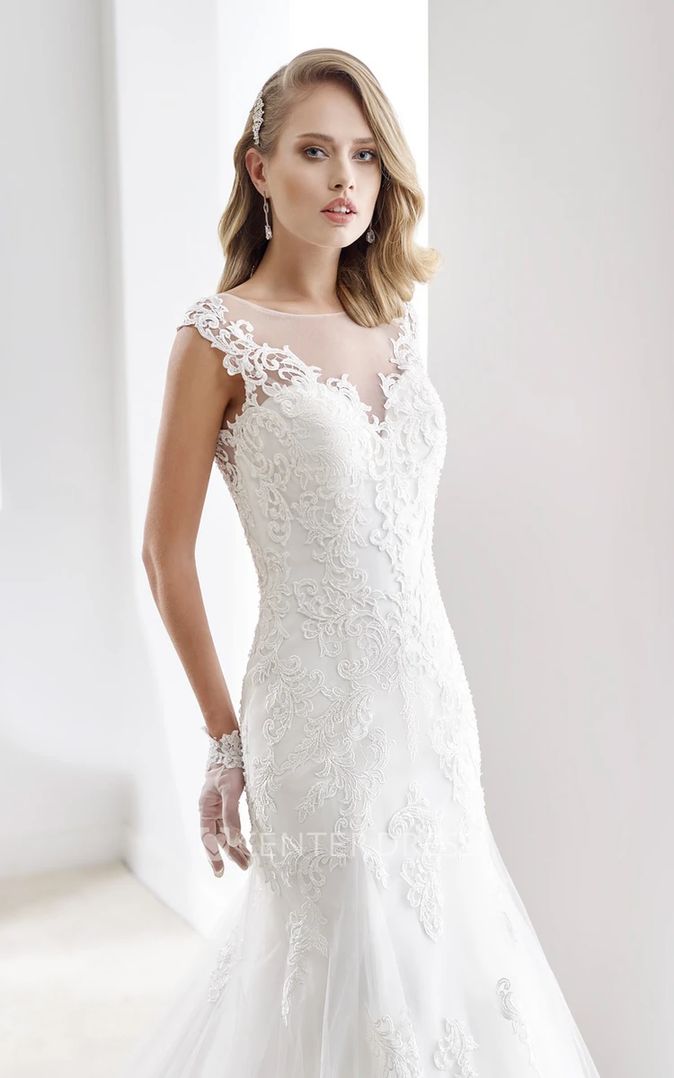 Cap-Sleeve Sheath Bridal Gown With Mermaid Style And Illusive Design
