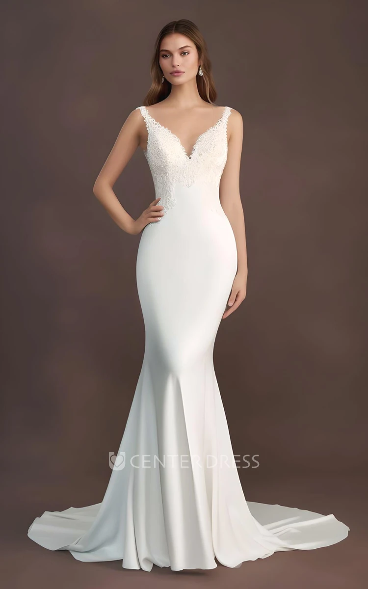 Elegant Mermaid Satin Lace Wedding Dress V-neck Garden Sweep Train 2024