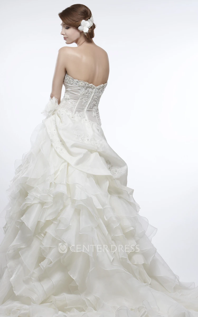 A-Line Sleeveless Strapless Cascading-Ruffle Floor-Length Organza Wedding Dress With Pick Up And Flower