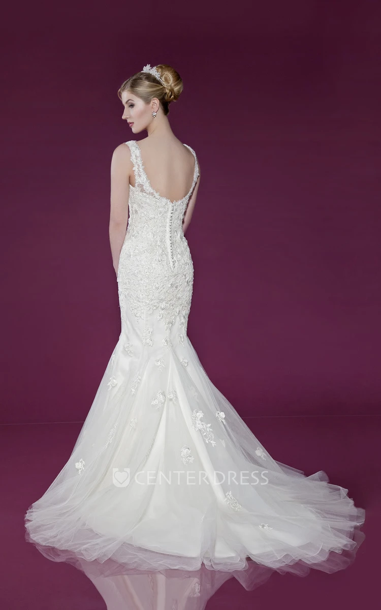 V-Neck Floor-Length Pleated Appliqued Lace&Tulle Wedding Dress