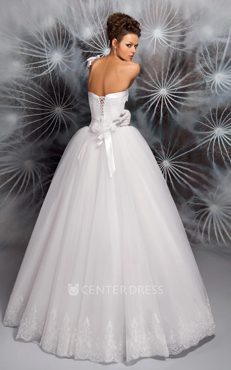 A-Line Floor-Length Appliqued Off-The-Shoulder Short Sleeve Tulle Wedding Dress
