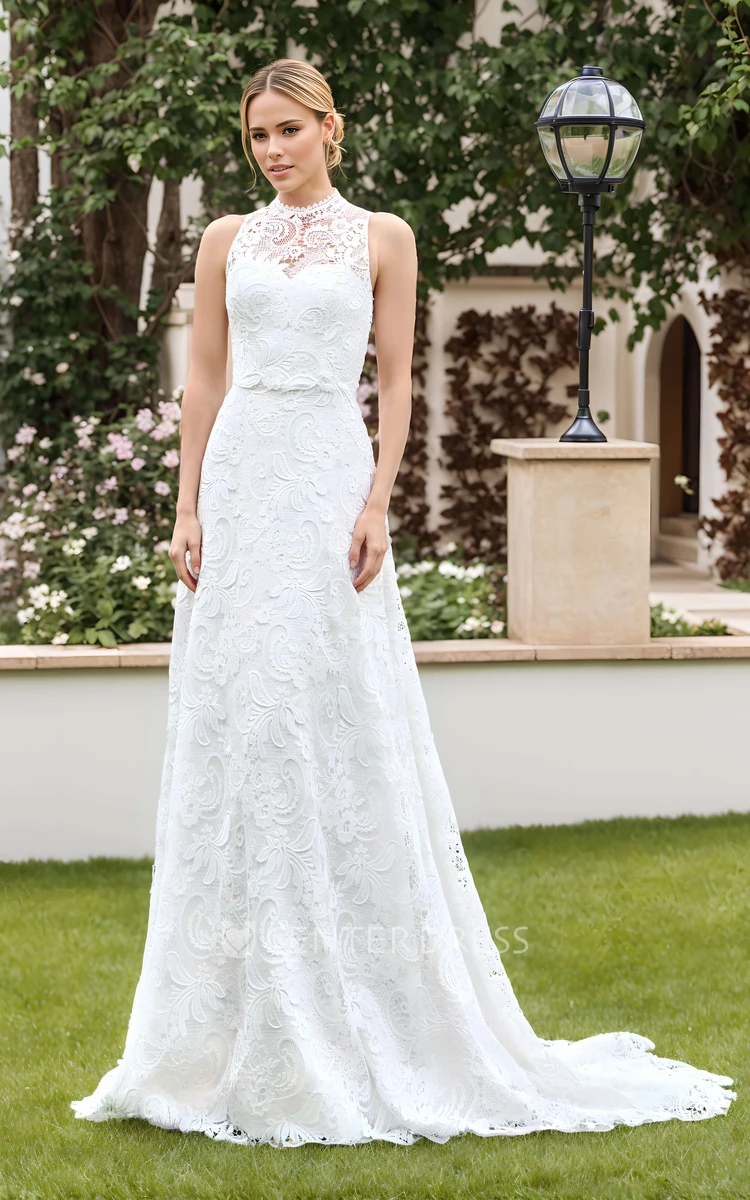 Elopement Rustic A-Line Boho Lace High Neck Wedding Dress Summer Beach Garden Sleeveless Court Train Bridal Gown