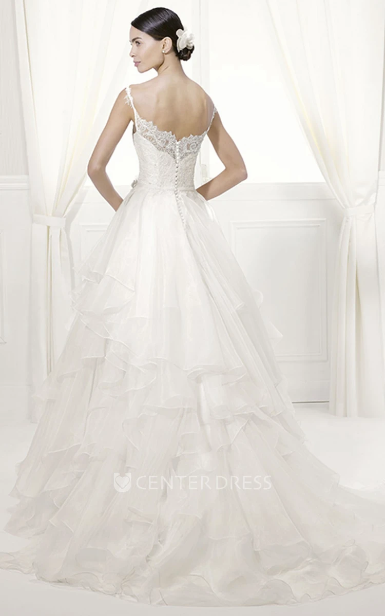 Spaghetti Straps Lace Top Layered Organza Gown With Waist Flower