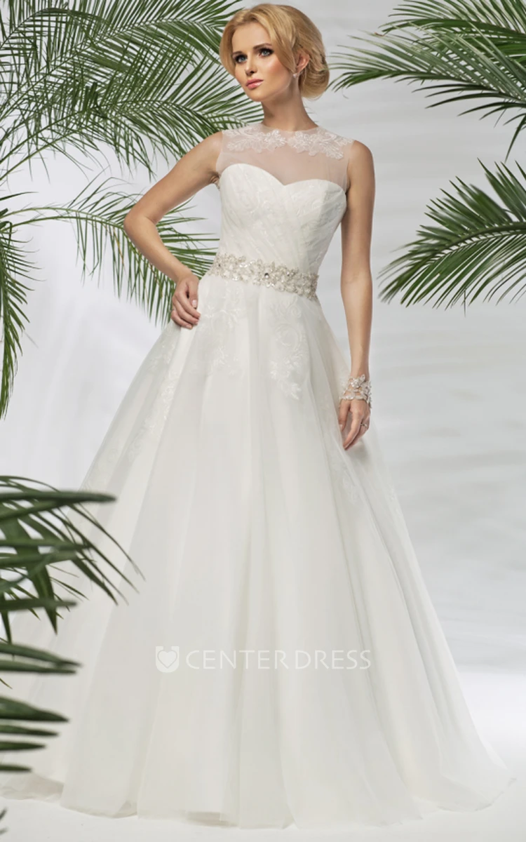 A-Line Sweetheart Sleeveless Floor-Length Criss-Cross Tulle Wedding Dress With Waist Jewellery