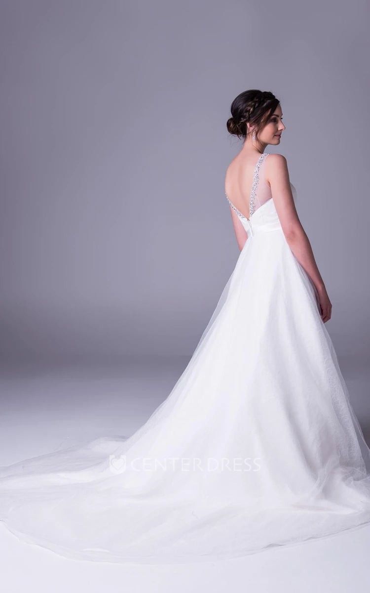 A-Line Beaded Sleeveless Scoop-Neck Long Tulle Wedding Dress