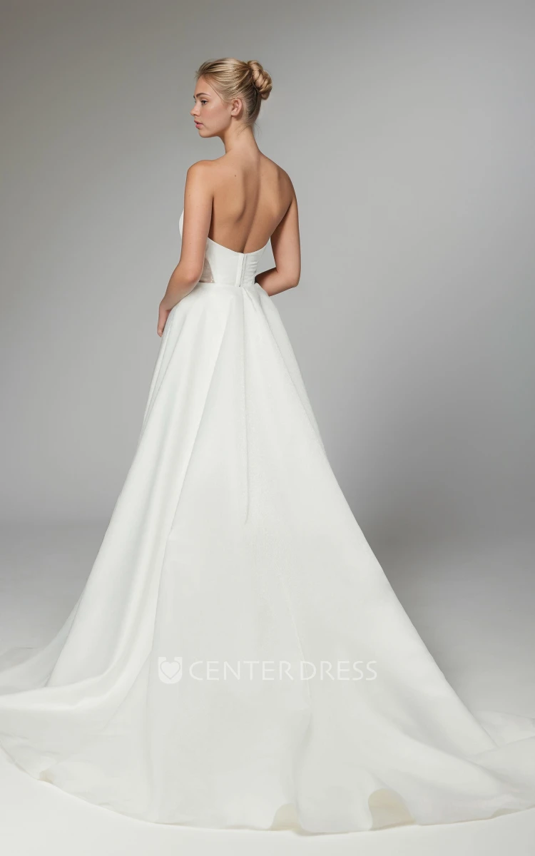 A-Line Sleeveless Strapless Satin Spring Wedding Dress Sexy Floor-length Open Back Split Bridal Gown with Zipper