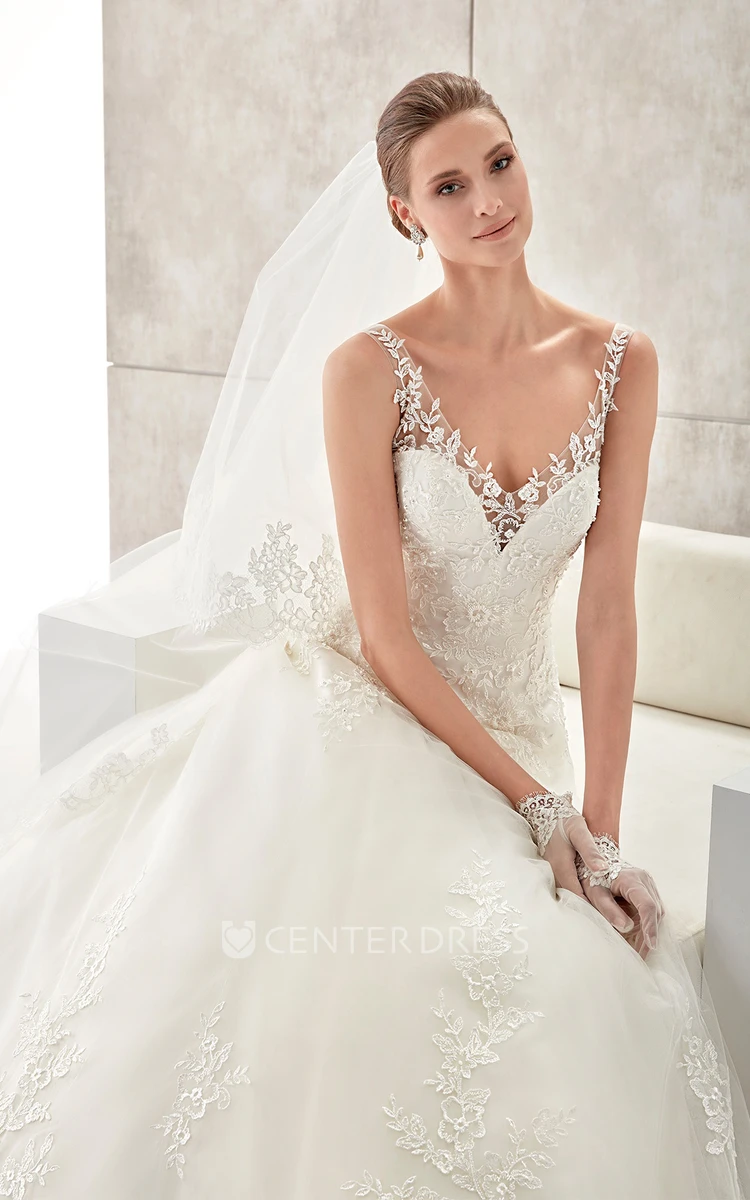 Sweetheart A-line Wedding Gown with Floral Straps and Low-v Back