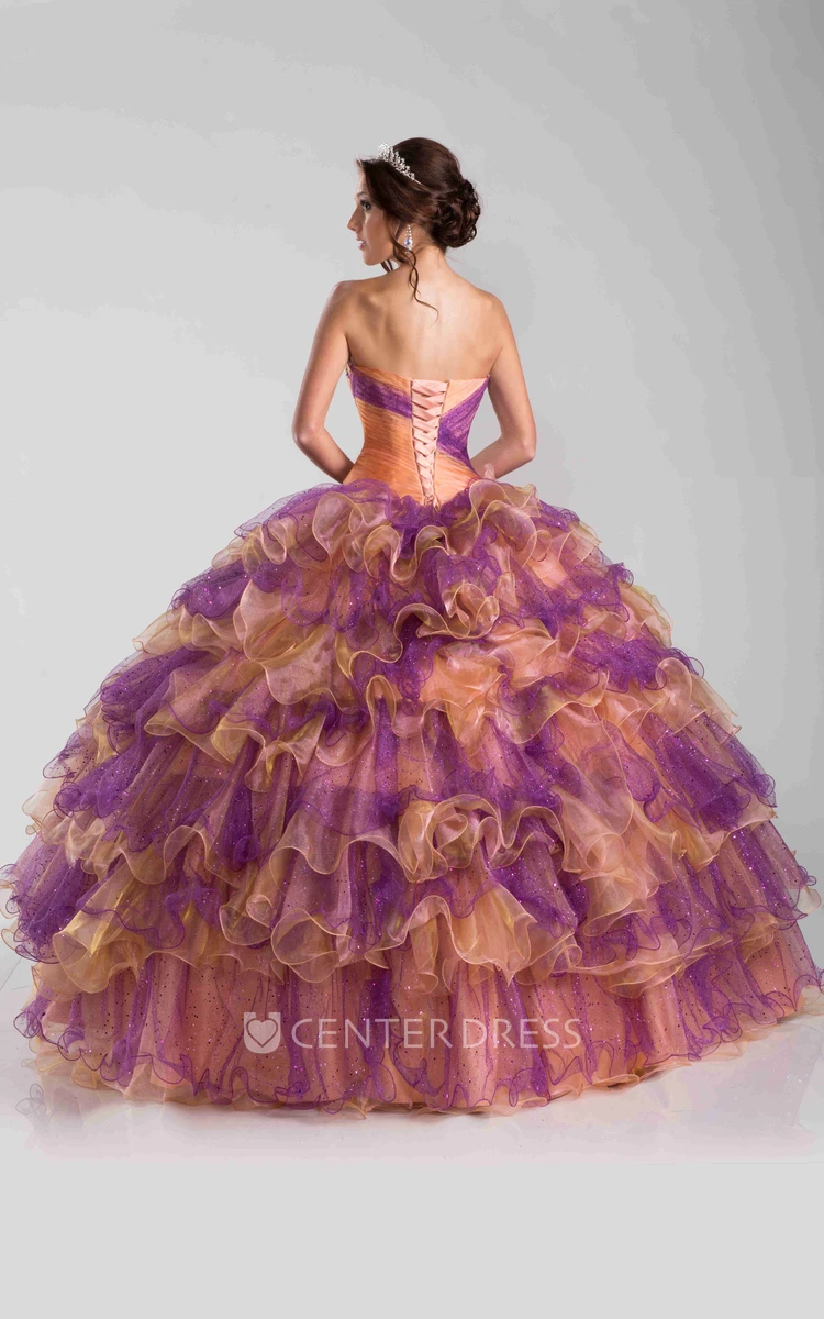 Ruched Corset Ball Gown With Cascading Ruffles And Crystal Detailing