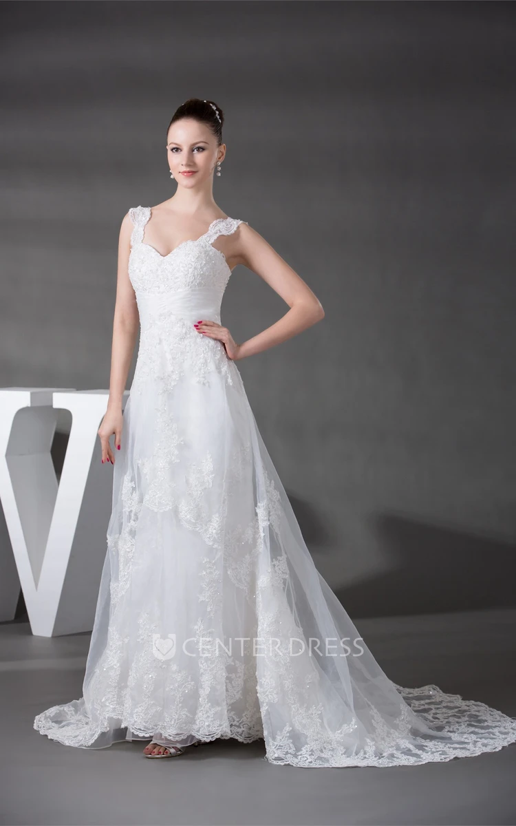 Strapped Sleeveless Lace A-Line Wedding Gown with Ruching and Beading