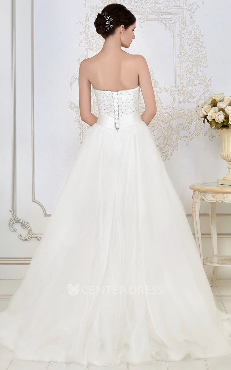 A-Line Beaded Sleeveless Maxi Strapless Tulle Wedding Dress