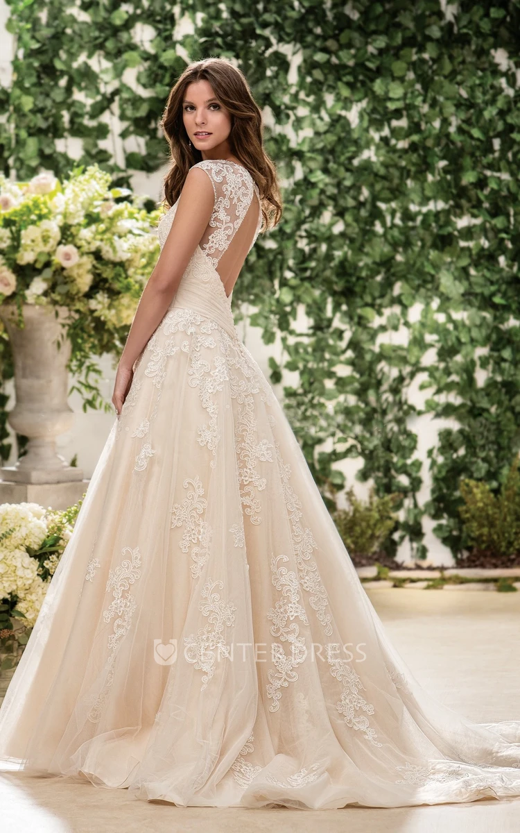 Cap-Sleeved V-Neck A-Line Wedding Dress With Appliques And Keyhole Back
