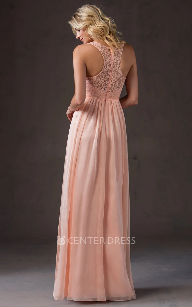 Sleeveless A-Line Long Gown With Lace Bodice And Pleats