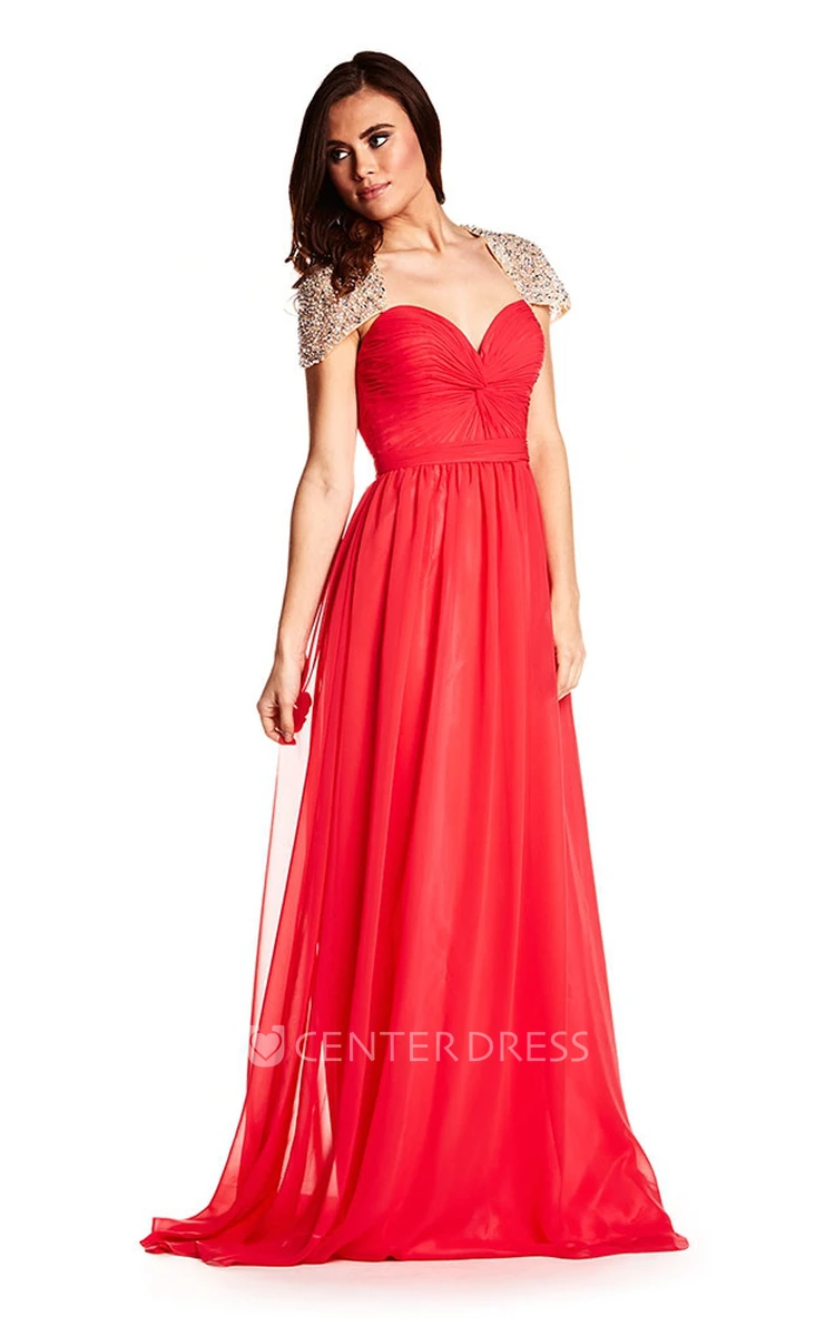 A-Line Cap-Sleeve Sweetheart Maxi Criss-Cross Chiffon Prom Dress With Keyhole Back And Beading