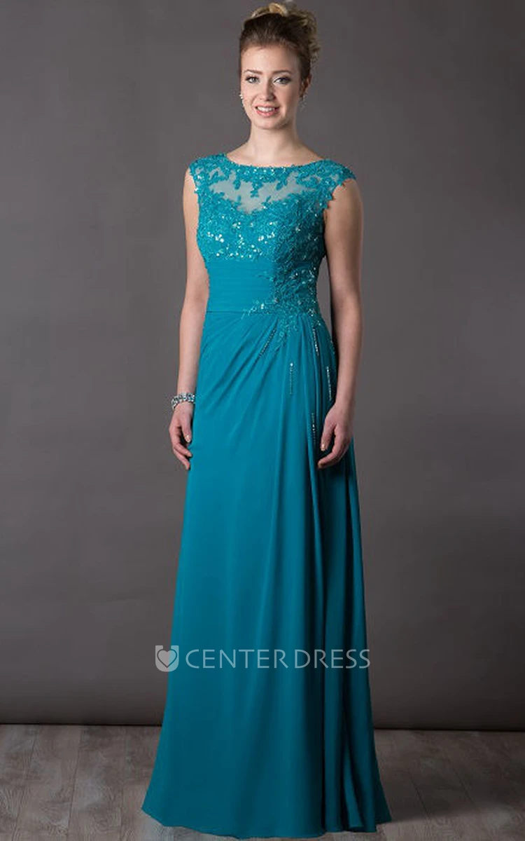 Appliqued Top Cap Sleeve A-Line Chiffon Long Mother Of The Bride Dress With Sequin Details