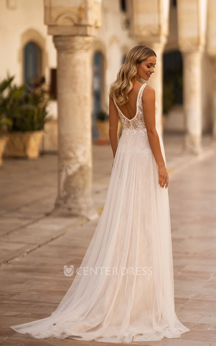 A-Line Floor-length Plunging V-neck Tulle Sleeveless Elegant Wedding Dress With Deep-V Back