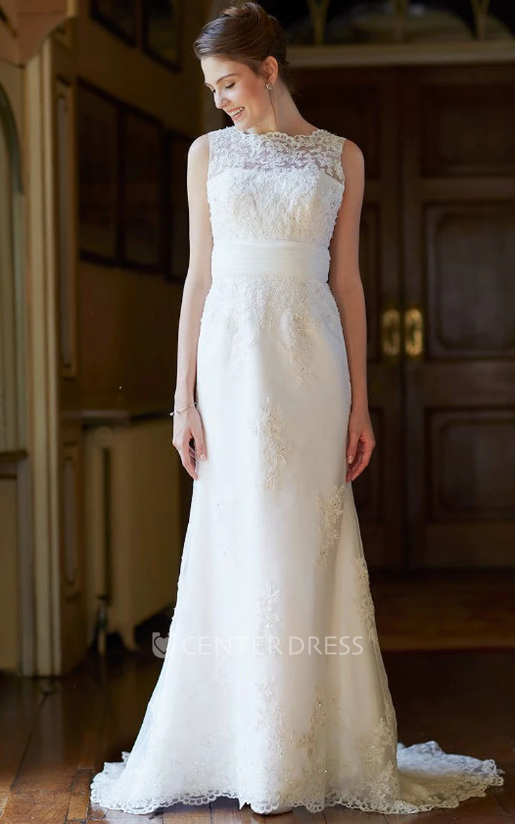 A-Line Bateau Appliqued Maxi Sleeveless Lace Wedding Dress With Low-V Back And Sweep Train