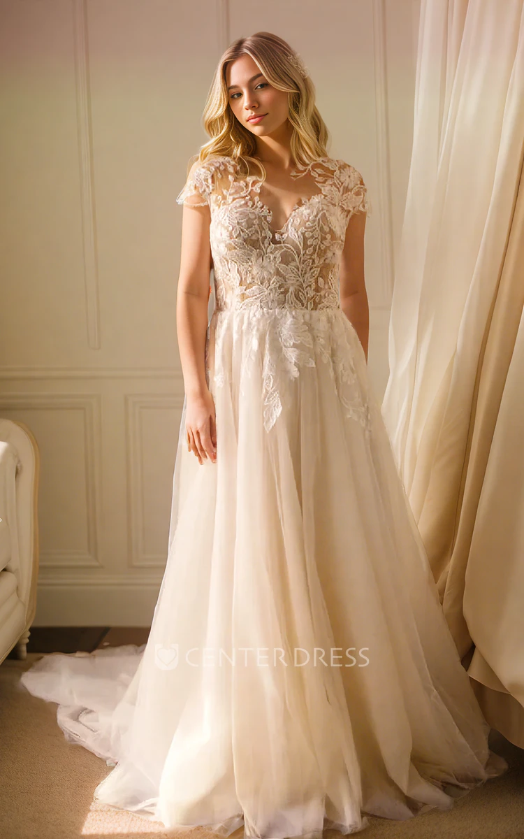 Plus Size A-Line Tulle Lace Applique Adorable Sweep Train Wedding Dress
