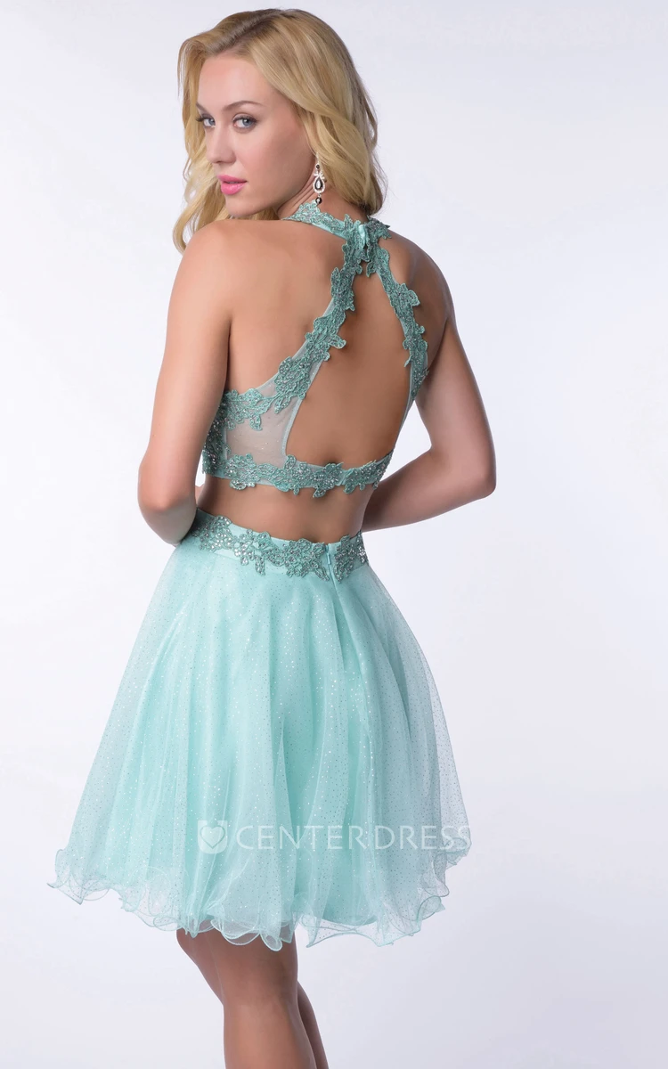 Two-Piece Lace Bodice Tulle Skirt Homecoming Dress With High Neck
