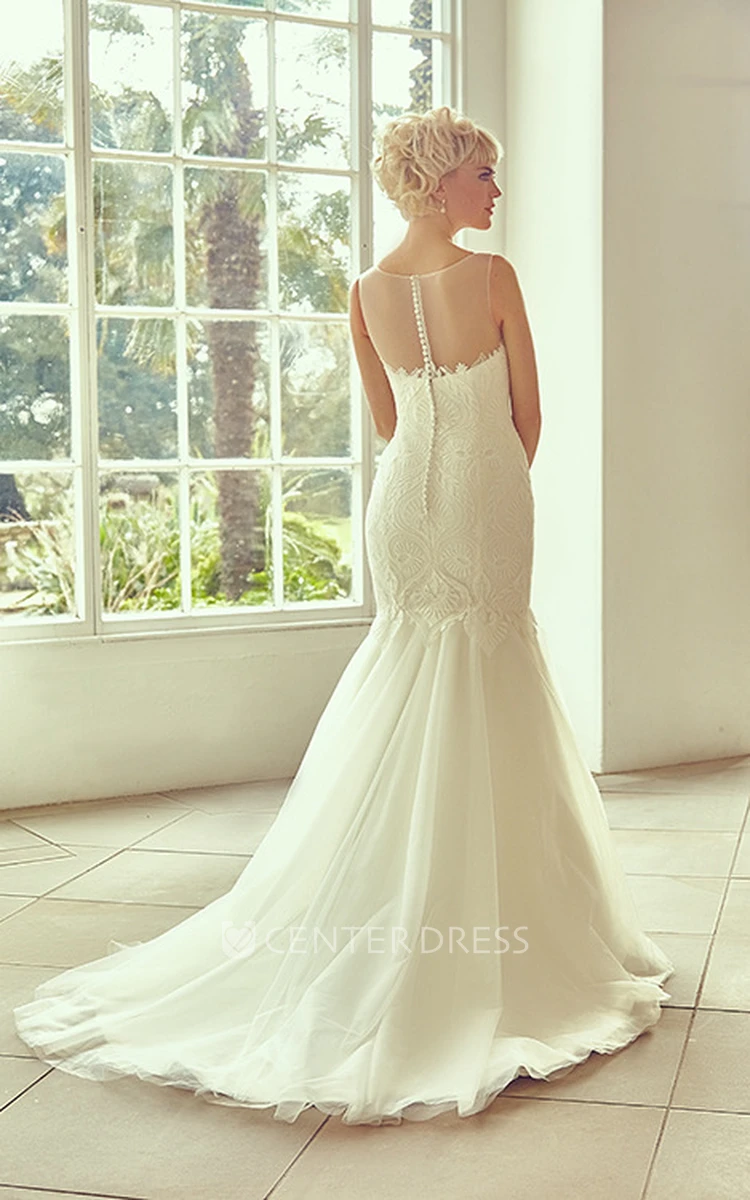 Bateau Floor-Length Appliqued Tulle Wedding Dress With Court Train And Illusion