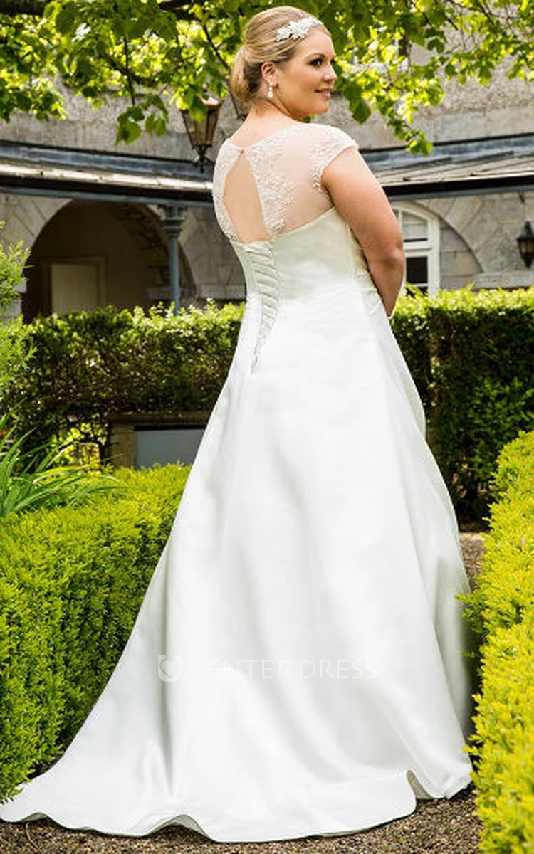 Beaded Cap Sleeve Taffeta Bridal Gown With Lace Up And Keyhole