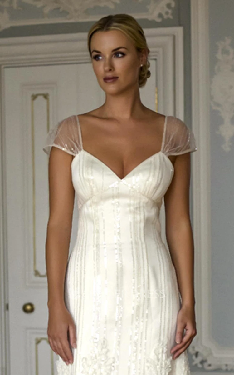 A-Line Cap-Sleeve Floor-Length V-Neck Appliqued Satin Wedding Dress With Beading