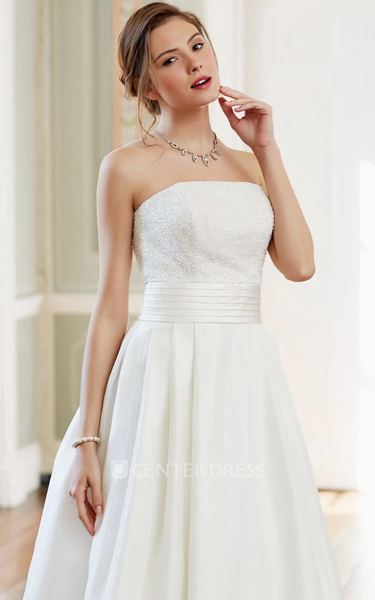 A-Line Beaded Strapless Sleeveless Long Satin Wedding Dress With Backless Style And Court Train