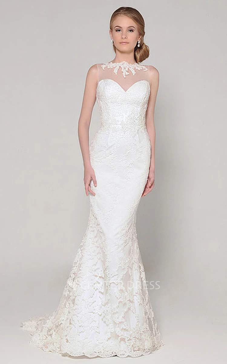 Trumpet Jewel-Neck Floor-Length Sleeveless Lace Wedding Dress With Appliques And Illusion