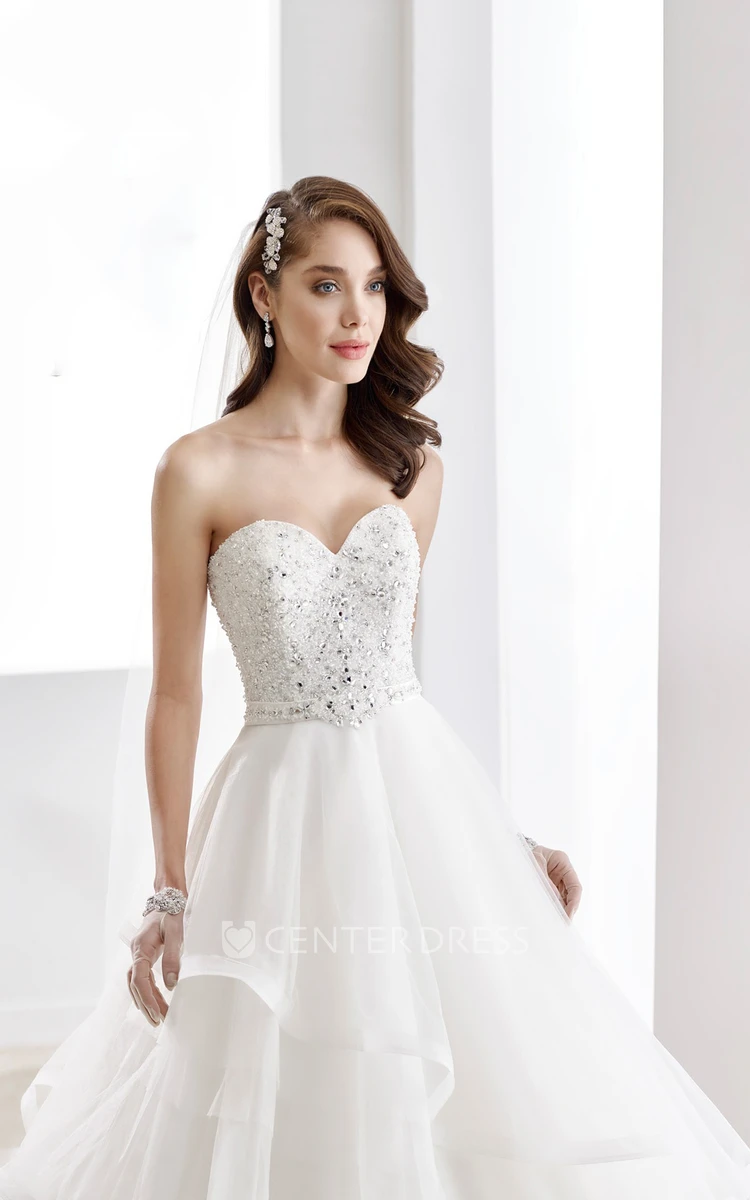 Sweetheart A-line Ruching Wedding Gown with Sequins in Bodice and Tiers Peplum