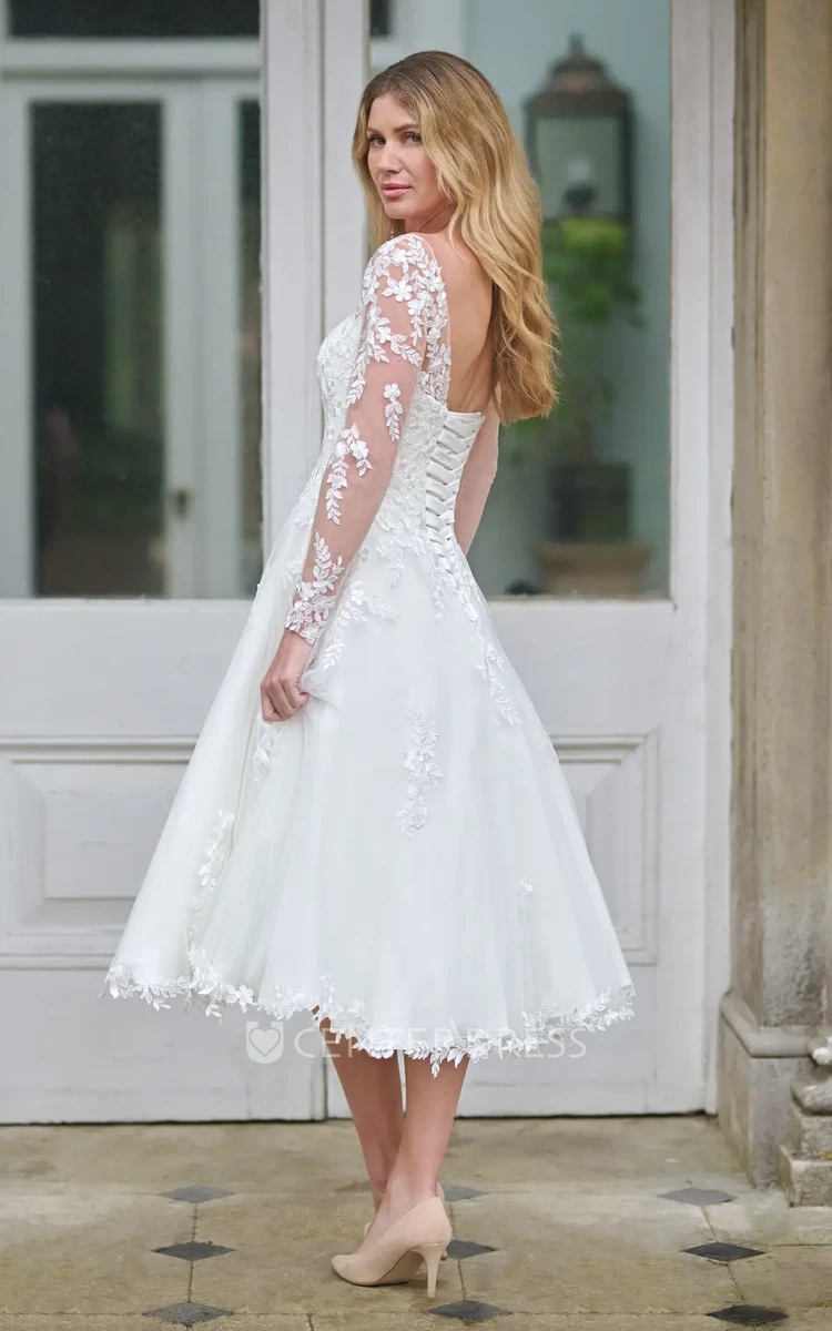 Modern Sweetheart Tea Length Lace V Neck Spring Wedding Dress Romantic Illusion Long Sleeves Gown