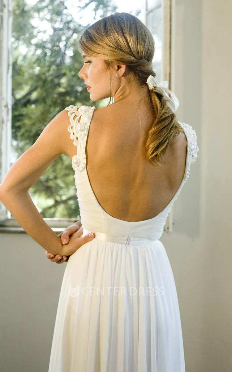 Plunged Appliqued Cap-Sleeve Chiffon Ruched Wedding Backless Dress